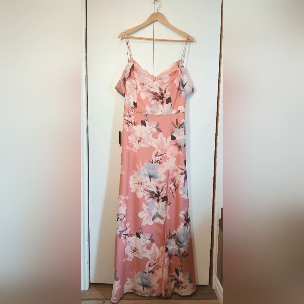 Le Chateau Floral Pink Salmon Slit Cold Shoulder Laced Back Dress- Size XL